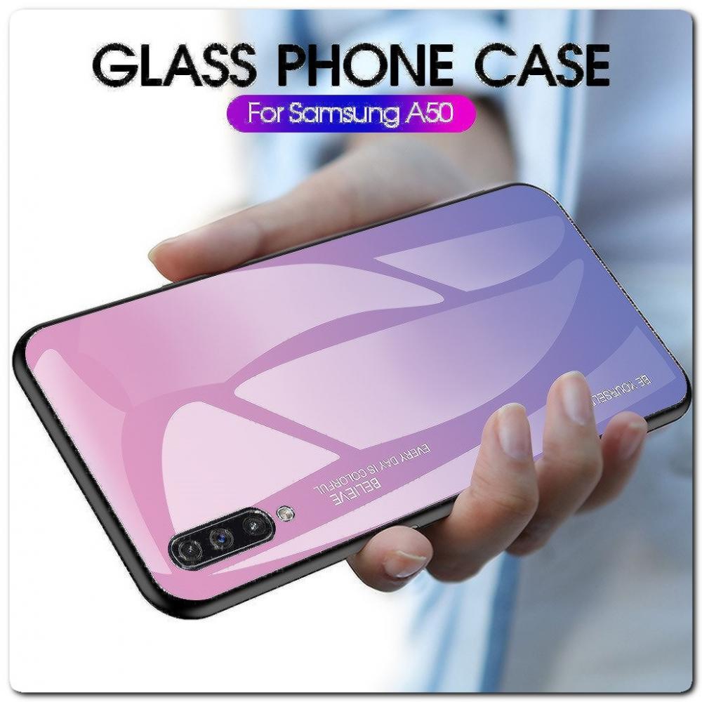 Защитный Чехол Gradient Color из Стекла и Силикона для Samsung Galaxy A50 Ярко-Розовый