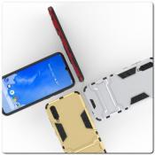 Противоударный Пластиковый Двухслойный Защитный Чехол для Samsung Galaxy A70 с Подставкой Серебряный