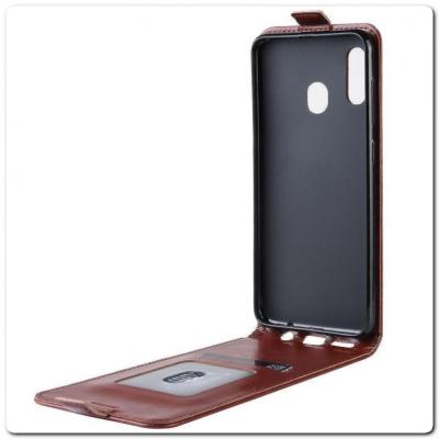 Вертикальный Чехол Книжка Флип Вниз для Samsung Galaxy A40 с карманом для карт Коричневый